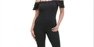 Kensie Women's Off-the-Shoulder Lace-Trim Jumpsuit Black Size 12