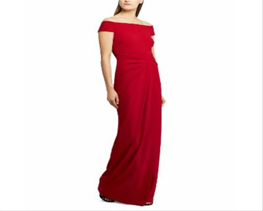 Ralph Lauren Women's Pleated Off the Shoulder Saran Formal Dress Red S