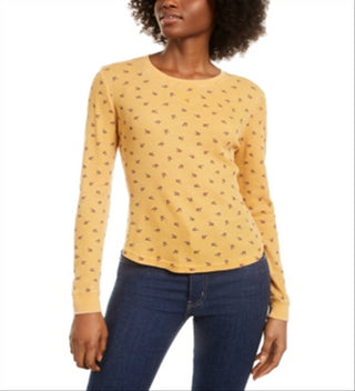 Ultra Flirt Women's Waffle Crewneck Casual Top Yellow Size Medium