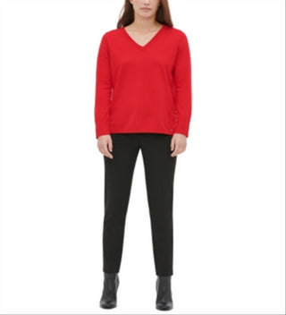 Calvin Klein Women's Studded Long Sleeve V Neck Sweater Red Size X-Lage