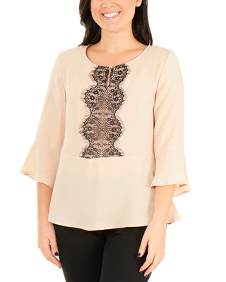 NY Collection Women's  Petite Bell Sleeve Peplum Top Beige Size Petite S