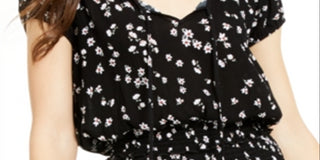 Ultra Flirt Junior's Printed Smocked Waist Peasant Blouse Black Size X-Large