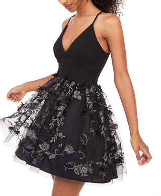 Trixxi Women's Textured Floral Spaghetti Strap V Neck Short Evening Fit Flare Dress Black Size 5