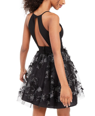 Trixxi Women's Textured Floral Spaghetti Strap V Neck Short Evening Fit Flare Dress Black Size 5