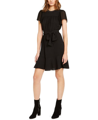 Michael Kors Women's Tie Solid Short Sleeve Jewel Neck Short Shift Dress Black Size Petite X-Large