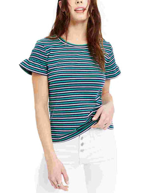 Maison Jules Women's Striped Smocked-Sleeve Knit Top Green Size X-Small