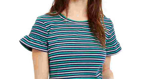 Maison Jules Women's Striped Smocked-Sleeve Knit Top Green Size X-Small