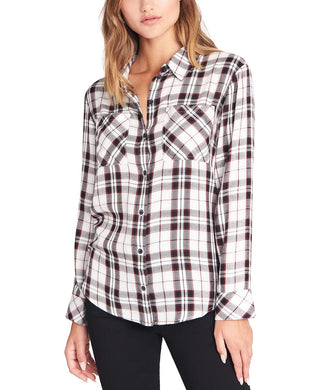 Sanctuary Women's  Plaid Long Sleeve Collared Button Up Top White Size Small