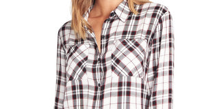 Sanctuary Women's  Plaid Long Sleeve Collared Button Up Top White Size Small