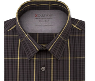 Calvin Klein Men's Gray Windowpane Plaid Collared Slim Fit Dress Shirt Yellow Size 17.5- 32/33