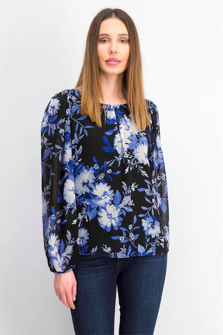Calvin Klein Women's Floral-Print Blouson Top Charcoal Size X-Small