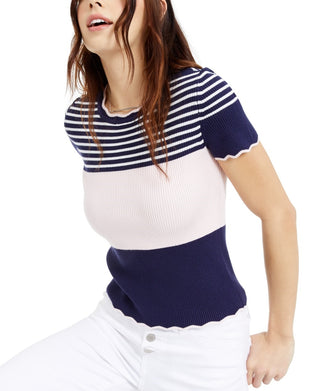 Maison Jules Women's Block Striped Short Sleeve Crew Neck T Shirt Top Blue Size X-Small