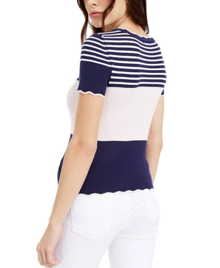 Maison Jules Women's Block Striped Short Sleeve Crew Neck T Shirt Top Blue Size X-Small