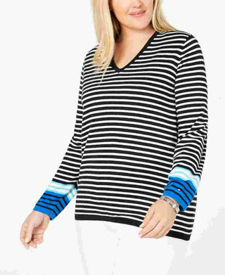 Tommy Hilfiger Women's Cotton Striped V-Neck Sweater Blue Size 0X