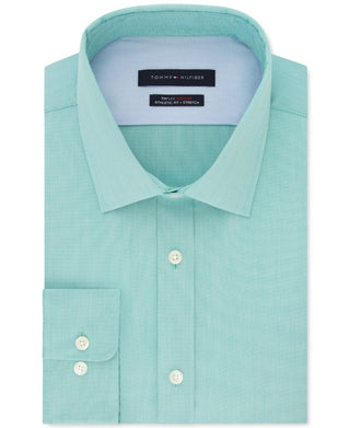 Tommy Hilfiger Men's Green Easy Care Heather Collared Classic Fit Stretch Dress Shirt Green Size 17- 36/37