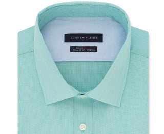 Tommy Hilfiger Men's Green Easy Care Heather Collared Classic Fit Stretch Dress Shirt Green Size 17- 36/37