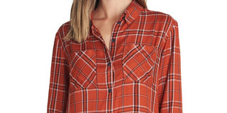 Sanctuary Women's Plaid Long Sleeve Collared Button Up Top Orange Size Medium