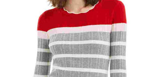 Maison Jules Women's Gray Striped Long Sleeve Jewel Neck Sweater Red Size X-Large