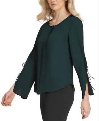 Dkny Women's Tie Sleeve Button Neck Top Green Size X-Small