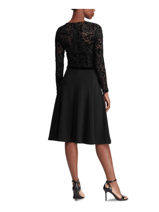 Ralph Lauren Women's Embroidered Lace Floral Long Sleeve Jewel Neck Below the Knee Wear to Work Fit Flare Dress Black Size 14