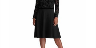 Ralph Lauren Women's Embroidered Lace Floral Long Sleeve Jewel Neck Below the Knee Wear to Work Fit Flare Dress Black Size 14