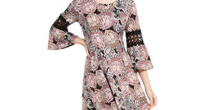NY Collection Women's Petite Crochet-Trim Bell-Sleeve Dress Black Size Petite Medium