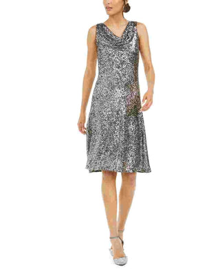 Taylor Women's Cowlneck Sequined Midi Dress Silver Size 16