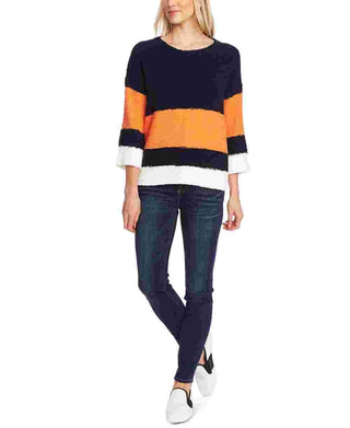 Vince Camuto Women's Striped Elbow-Sleeve Teddy Bear Sweater Orange Size X-Small