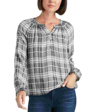 Lucky Brand Women's Jessica Plaid Popover Top Gray Size Small