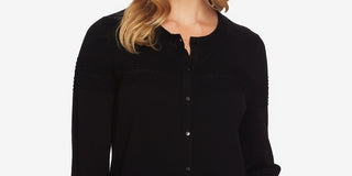 Cece Women's Cotton Pointelle TrimCardigan Sweater Black Size X-Large