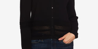 Cece Women's Cotton Pointelle TrimCardigan Sweater Black Size X-Large