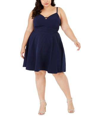 City Studios Women's Spaghetti Strap V Neck Knee Length Fit Flare Party Dress Blue Size 14W
