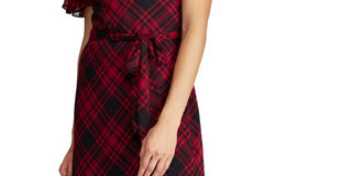 Ralph Lauren Women's Black Belted Zippered Plaid Short Sleeve V Neck Below The Knee Sheath Dress  Black Size 12