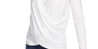 1.STATE Women's Embellished Cross Front Top Ivory Natural Size X-Large