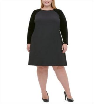 Tommy Hilfiger Women's Long Sleeve Jewel Neck Above the Knee Shift Dress Black Size 14W