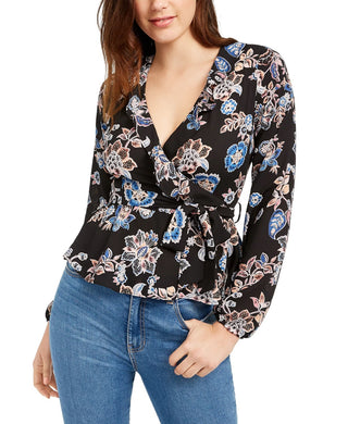 Q & A Women's Los Angeles Floral Long Sleeve V Neck Top Black Size Small