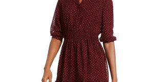 Maison Jules Women's Burgundy Animal Print 3/4 Sleeve Collared Short Shirt Dress Dress Red Size Large