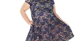 B Darlin Women's Embroidered Lace Floral Cap Sleeve Off Shoulder Above The Knee Fit + Flare Cocktail Dress Blue Size 22W