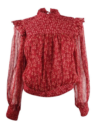 Free People Women's Tie Sheer Printed Long Sleeve Crew Neck Top Red Size X-Small