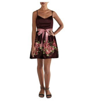 Teeze Me Women's Burgundy Floral Spaghetti Strap Sweetheart Neckline Mini Fit Flare Party Dress Red Size 5