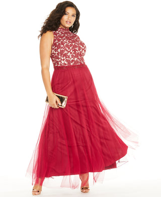 City Studios Women's Rhinestone Embroidered Gown Red Size 14W
