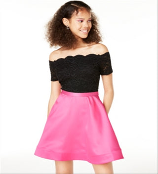 City Studios Women's  Lace Glitter Zippered Short Sleeve Off Shoulder Mini Party a-Line Dress Pink Size 1
