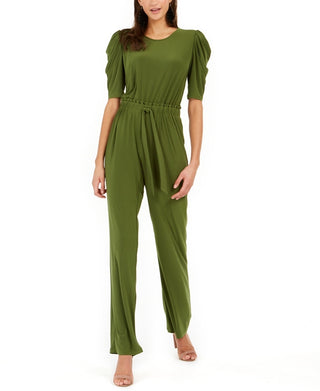 NY Collection Women's Tie Front Puff Sleeve Jumpsuit Green Size Petite Medium