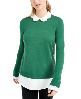 Maison Jules Women's Scalloped Neck Layered Look Sweater Green Size X-Small