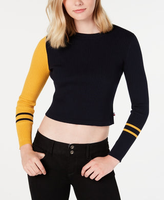 Tommy Hilfiger Women's Cropped Colorblocked Sweater Blue Size X-Large