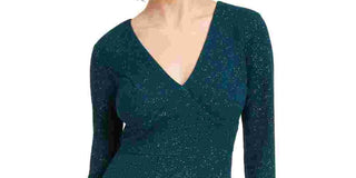 City Studios Women's Glitter Long Sleeve V Neck Short Body Con Cocktail Dress Green Size 15
