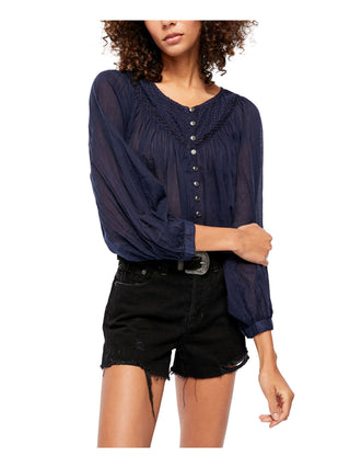 Free People Women's Navy Raglan With Buttons Blouse Top Navy Size X-Small