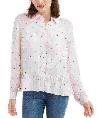 Maison Jules Women's Pink Printed Long Sleeve Collared Peplum Top Pink Size X-Small