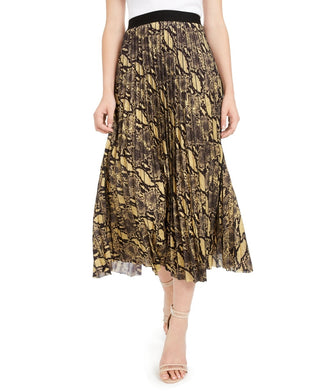 Guess Women's Snake Print Pleated Midi Skirt Yellow Size Petite X-Small