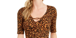 Guess Women's Elbow Sleeve Animal Print Top Brown Size Petite X-Small